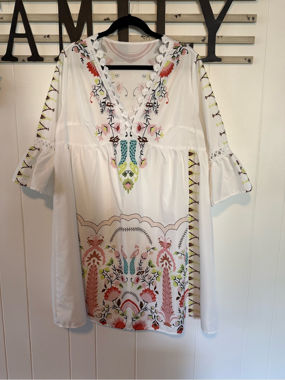 White Boho Tunic Dress - Women's Dress with multicolored floral print
